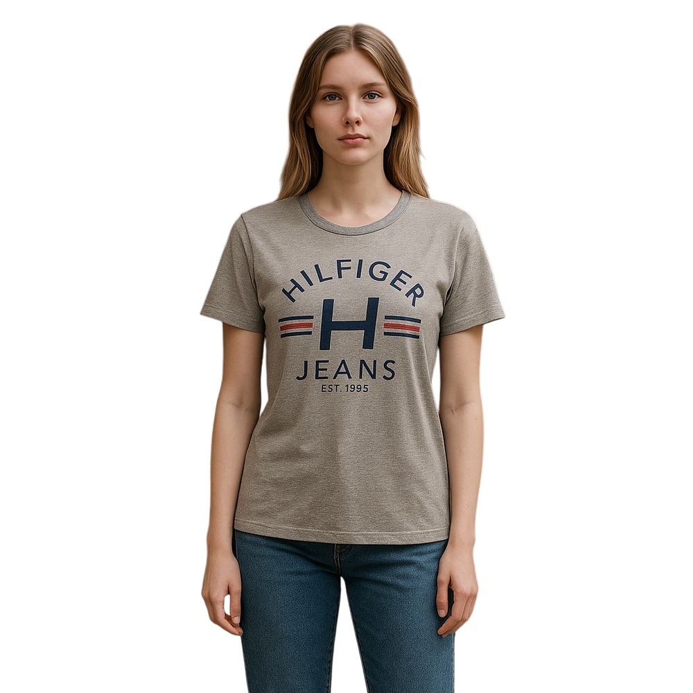 Tommy Hilfiger Jeans Top Gray with Black and Red Print Size M